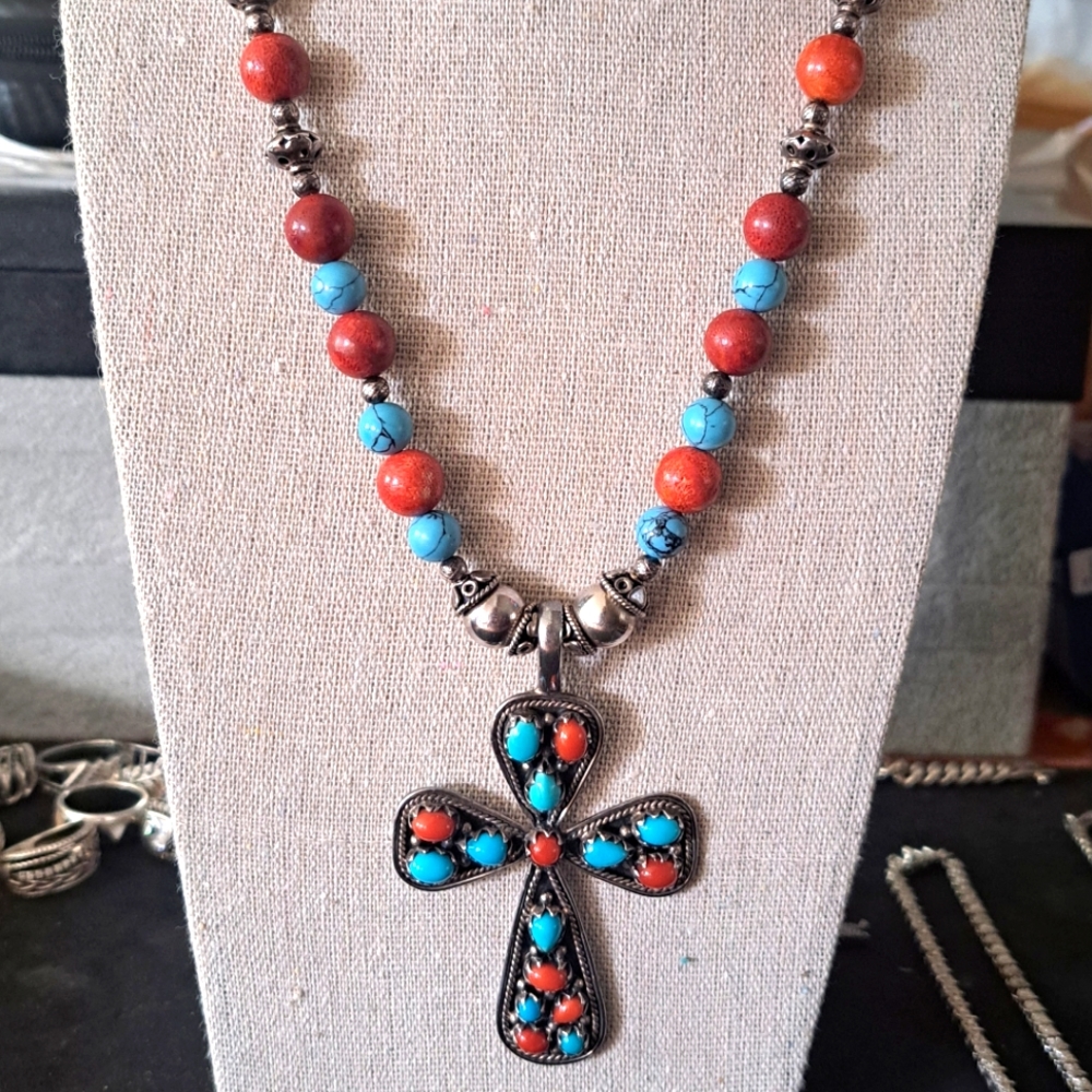 *SOLD *Vintage Tso Native AmericanTurquoise and Red Coral Necklace.